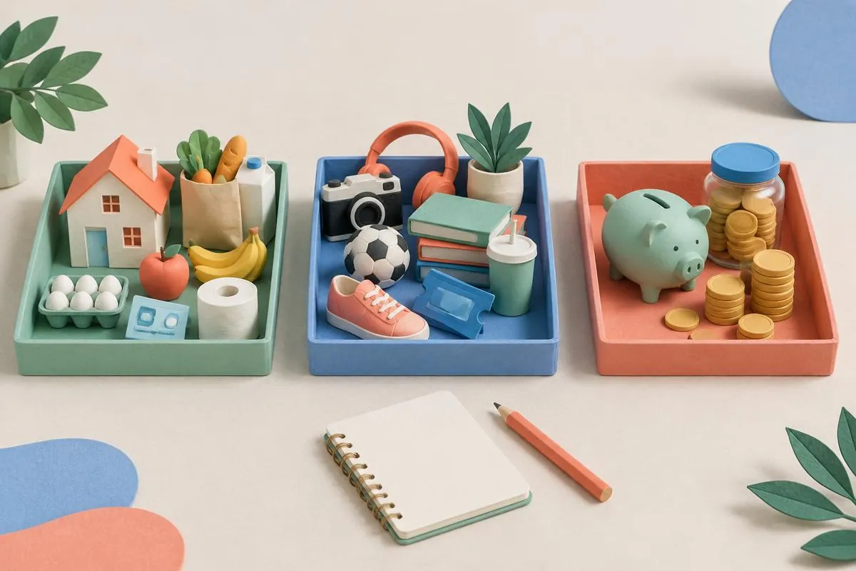 Three trays of household essentials, leisure items and savings coins.