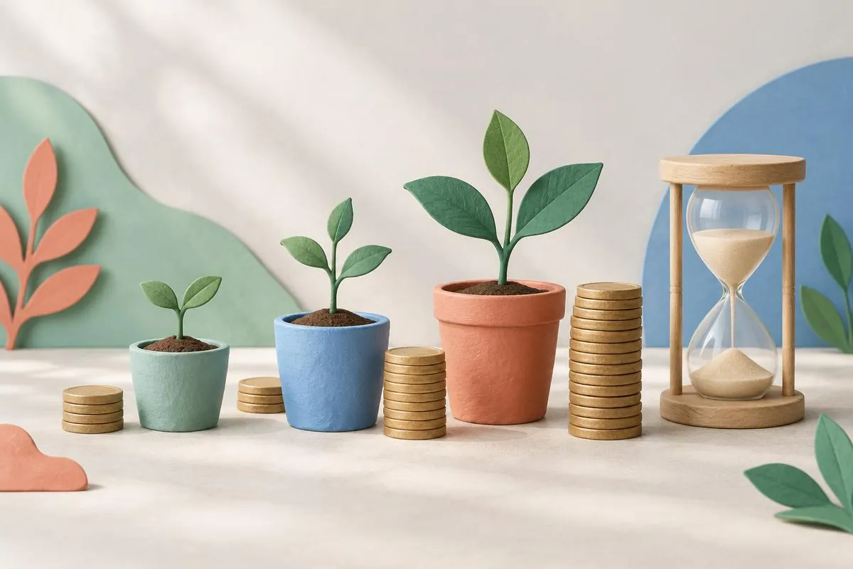 Plants at three growth stages beside coin stacks and an hourglass.