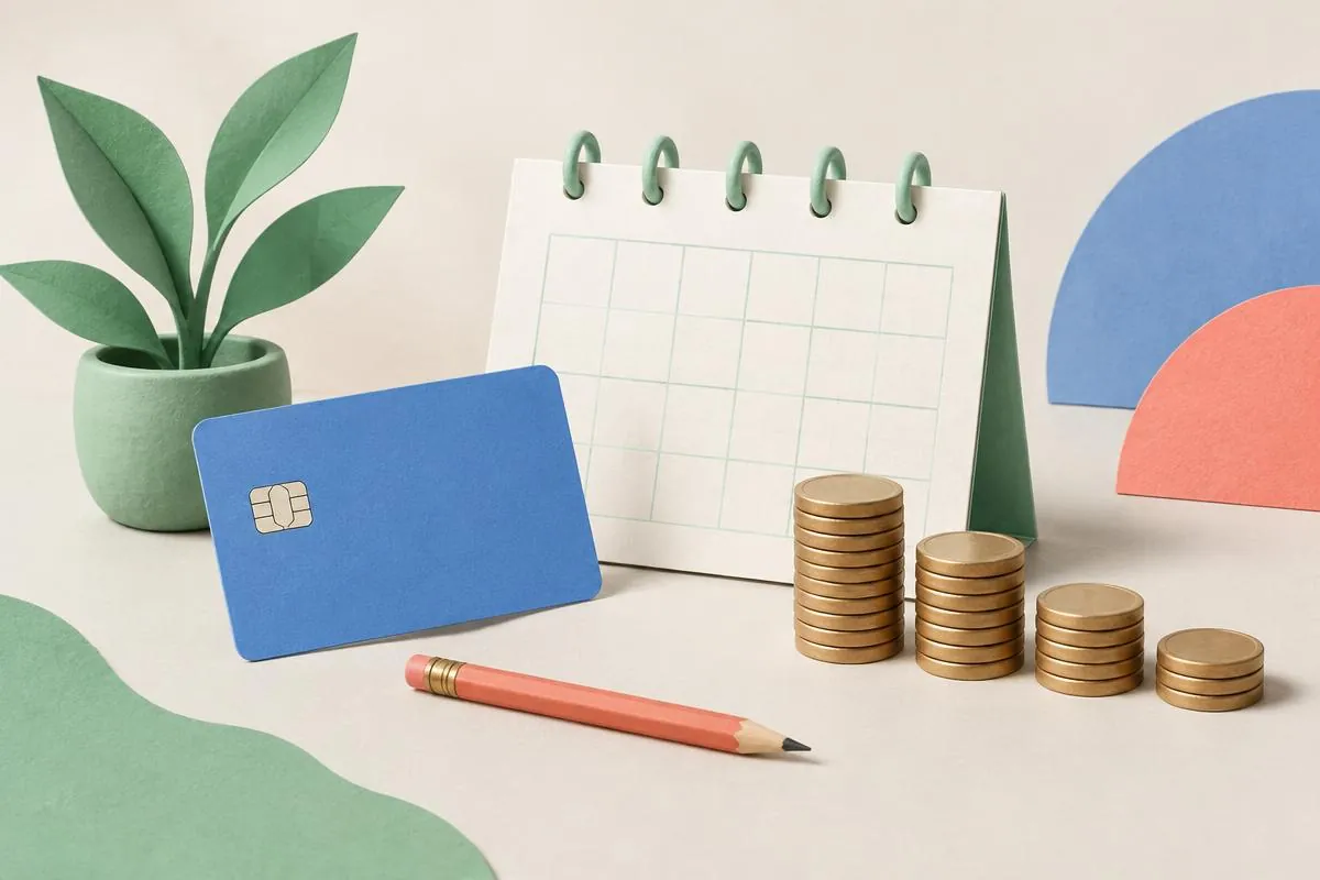 A plain credit card beside a calendar and descending stacks of coins.