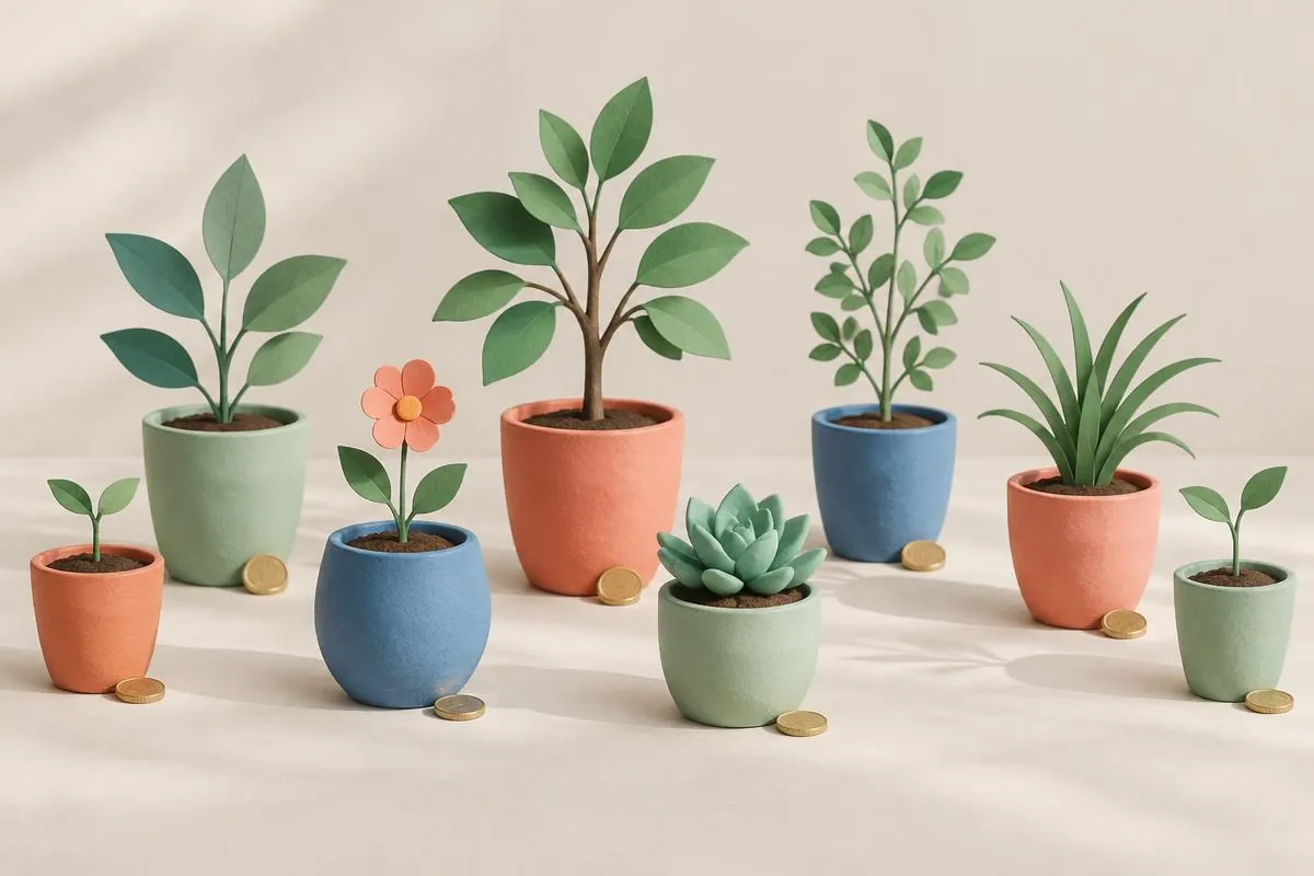 Different plants in separate pots representing a varied collection of investments.
