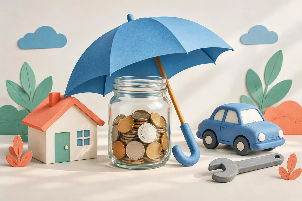 A savings jar sheltered by an umbrella beside a model house, car and repair tool.