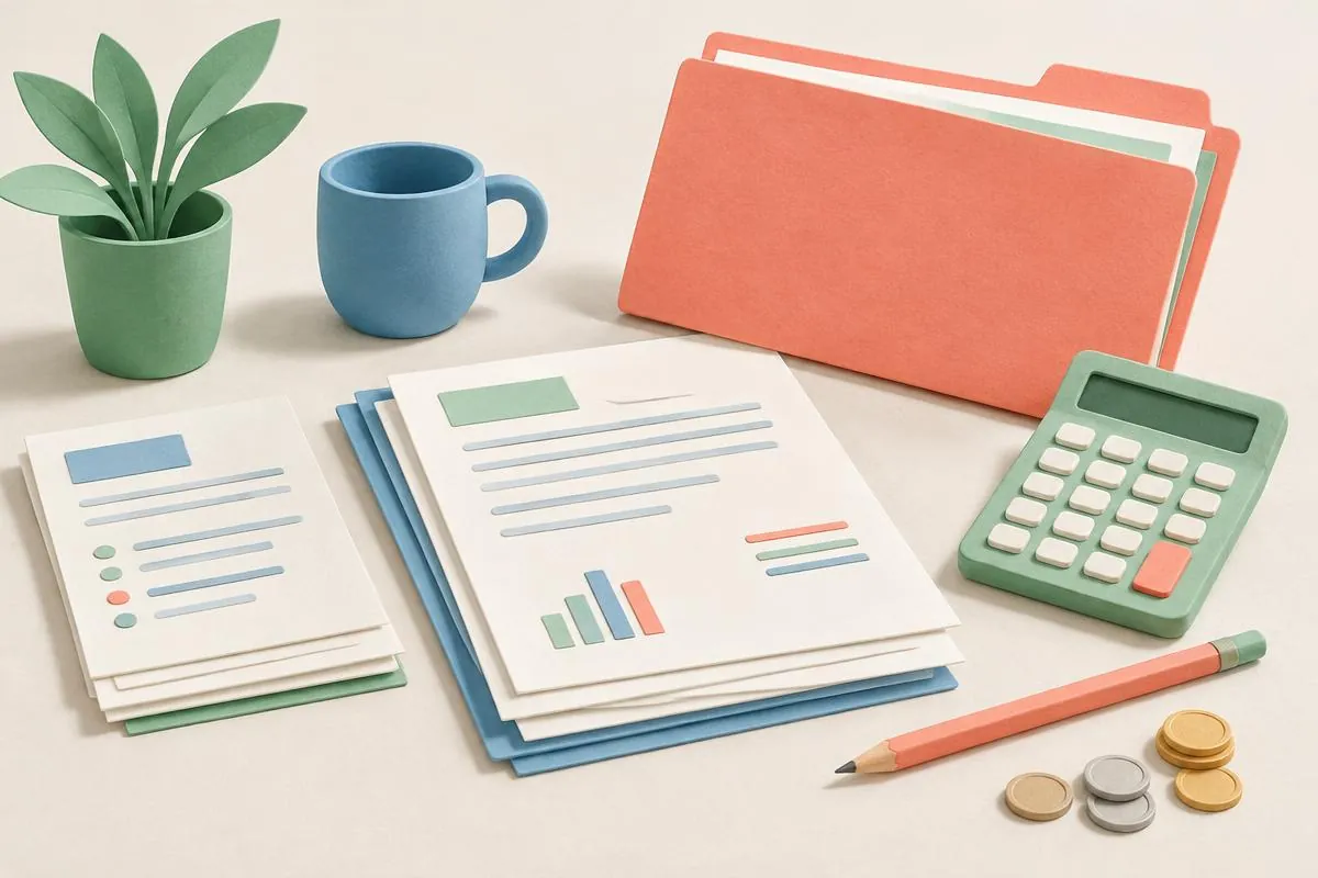 Organized blank documents, a folder and a calculator representing tax record preparation.