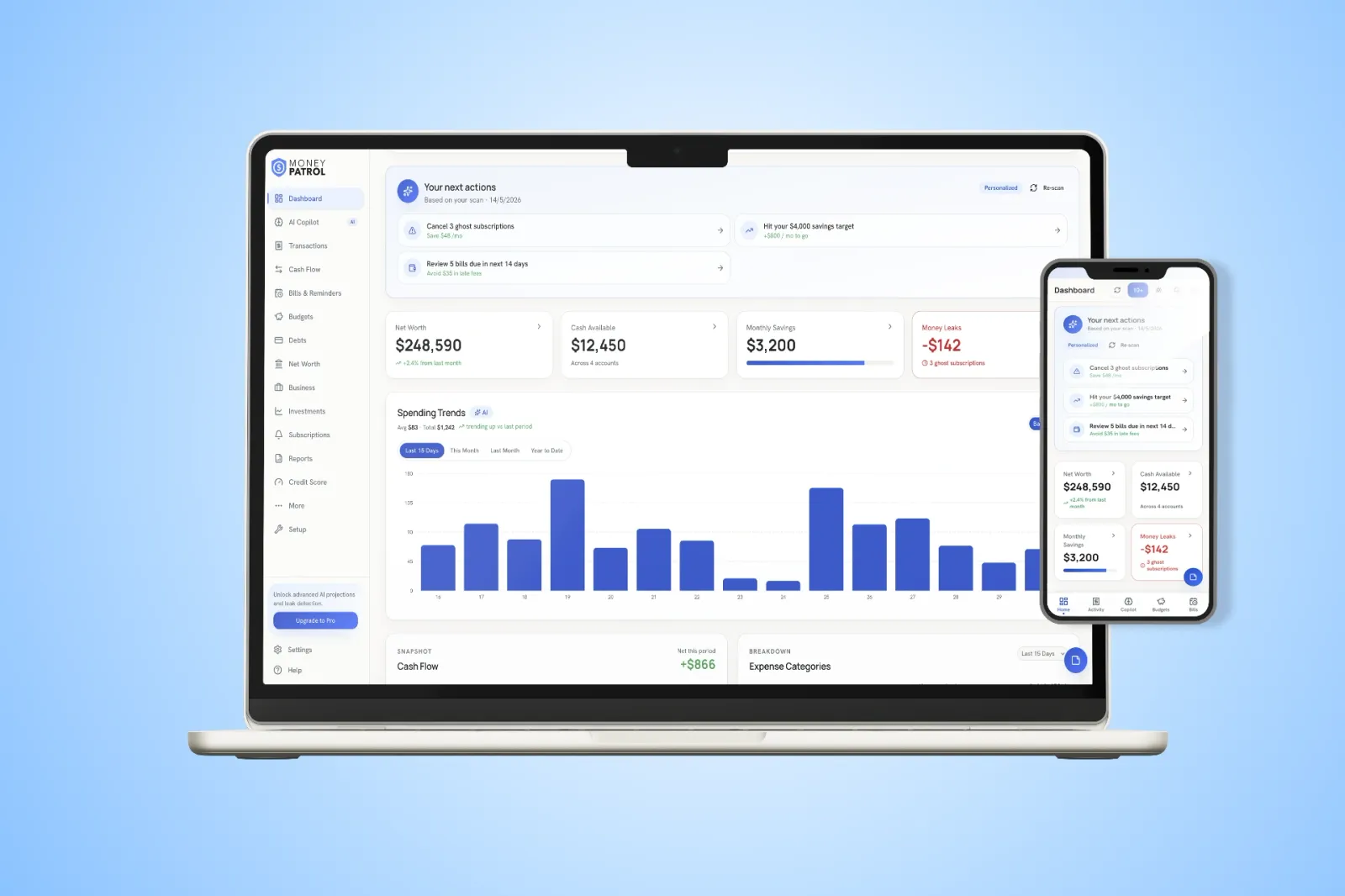 MoneyPatrol dashboard preview showing accounts, transactions and net worth